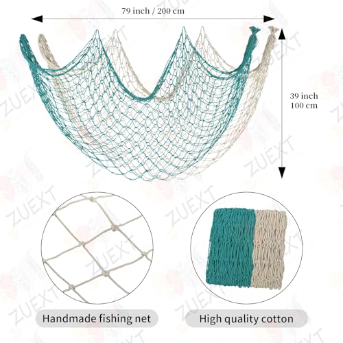 ZUEXT Beige & Aqua Decorative Fishing Net 80x40 Inch, 2PCS Large Picture Fish Net, Pirate Mermaid Net for Nautical Ocean Themed Under The Sea Party, Wall Hanging Fishnet for Photo Display - color: Beige & Aqua, size: 80" x 40" - 2 Pack