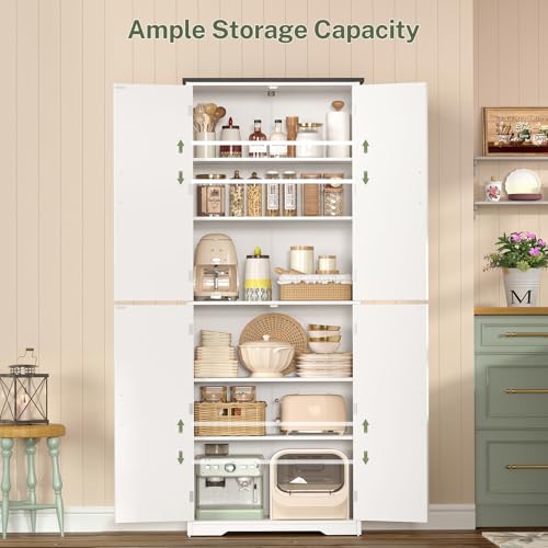 TEENFON Tall Pantry Cabinet, Kitchen Cabinet with 4 Shelves, Adjustable Shelves, Pantry Cabinets with 4 Barn Doors, Tall Kitchen Cabinets for Dining Room, Living Room, White - color: White 4 Doors