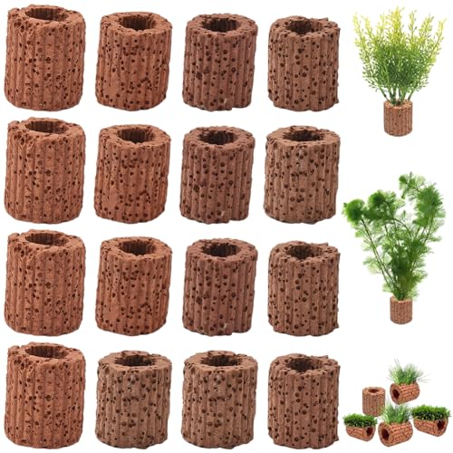 16Pcs Aquatic Plant Holder Fish Tank Plant Ring Lava Rock Small Reusable Column Coconut Brown Water Grass Floating Cultivation Pot Fixed Rings Accessories for Fish Tanks Landscape DIY Decor