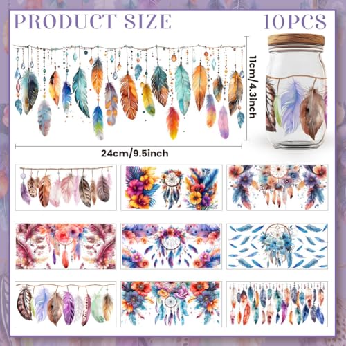 10 Sheets Dreamcatcher UV DTF Cup Wrap for 16OZ Glass, 4.3 x 9.4 Inch Dream Catcher UV DTF Transfer Stickers Waterproof Rub on Transfer Decals for Glass Bottle Vase Furniture Crafts - style: Dreamcatche