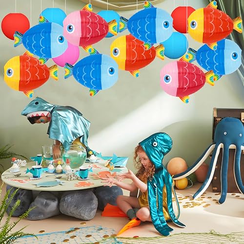 15Pcs Under the Ocean Sea Fish Party Decorations Paper Hanging Lanterns: Fishing Theme Decor for Beach, Summer, Mermaid, Luau, Hawaiian, Birthday Supplies