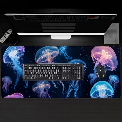 Glowing Jellyfish Large Gaming Desk Mat,Rubber Non-Slip Ethereal Underwater Marine Life Mouse Pad,31.5x11.8x0.12in Extended Ocean Mousepad,Game Lover Mice Pads Gifts,Office Home Deskmat Decor - color: Jellyfish