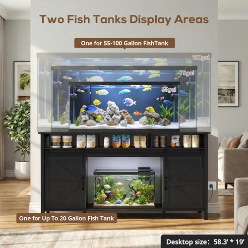 VOWNER 75-120 Gallon Fish Tank Stand with Power Outlet, Farmhouse Aquarium Stand with Storage Cabinet & Sliding Barn Doors, Heavy Duty Reptile Tank Stand, for 2 Tanks, 1000LBS Capacity, Black - color: Black