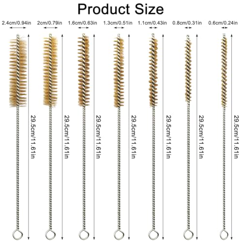 7 Pcs Brass Wire Tube Brushes Bottle Brush Set,11Inch Long Wire Brass Brushes for Cleaning,Wire Pipe Cleaner Bore Brush Deep Cleaning for Tubes,Bottle,Keyboards,Glass, Gold