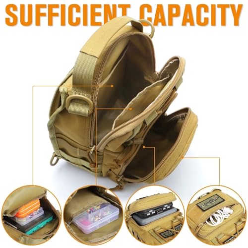 Dovesun Small Fishing Backpack, Waterproof Fly Fishing Sling Pack Tackle Bag with Tackle Boxes - color: B-Khaki(Size:17.7*8.5*5.7in)
