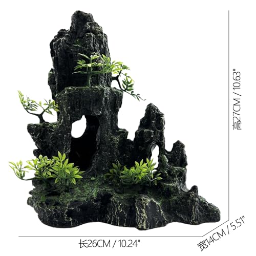 Large and Tall Fish Tank Decorations Aquarium Mountain View Stone Decorations Resin Rock Aquascaping with Hiding Cave, Fish Tank Accessories Aquarium Ornaments with Small Plants (E) - color: E