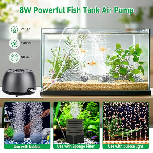 hygger Quiet Adjustable Aquarium Air Pump, 5W/8W Dual Output Fish Tank Air Pump, Energy-Saving Oxygen Aerator with Air Stone Bubbler for Fish Tank, Hydroponic - size: 8W (Tank Up To 200 Gal)