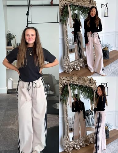 Hongsui Women's Wide Leg Pants Drawstring High Rise Side Striped Slouchy Palazzo Pants with Pockets - color: Khaki, size: Small