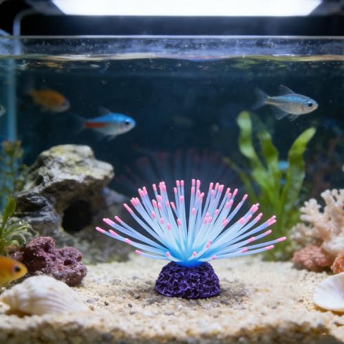 Fluorescent Rainbow Sea Urchin Aquarium Decor - Glows Under Blue Light, Weighted Silicone Ornament for Fish Tank with Swaying Spines, Saltwater & Freshwater, Vibrant Aquascape Centerpiece (Pink) - color: Pink