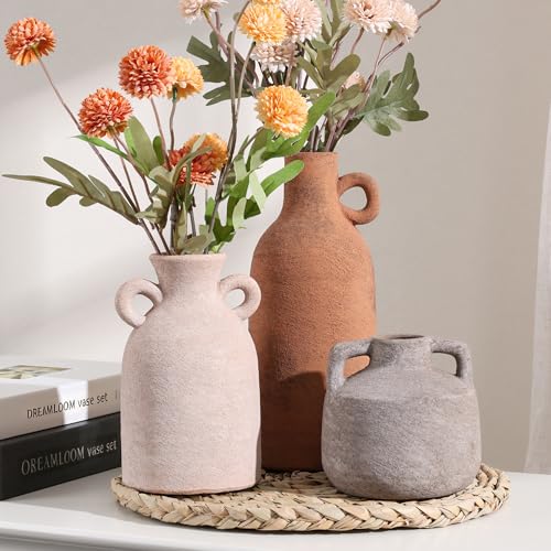 Ceramic Vase Set, 3Pcs Flower Vases for Modern Boho Farmhouse Decor, Decorative Vases for Pampas Grass & Dried Flowers, Distressed Finish - color: J