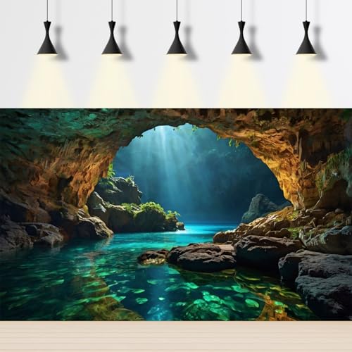 Ocean Rock Cave Aquarium Background Beach Seaside Underwater Cave Fish Tank Background Tropical Seashore Sunrays Blue Sky Terrarium Backgrounds Stunning Seascape Reptile Tank Backgrounds 24x12in - color: Brown_Blue, size: 24(W)x12(H)in