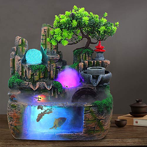 DNYSYSJ Tabletop Waterfall Fountain with Rockery, Mini Silent Indoor Ornament Desk Water Fountain Desktop Simulation Resin with Atomizer LED Small Fish Tank for Office Bedroom Home Decor Windmill