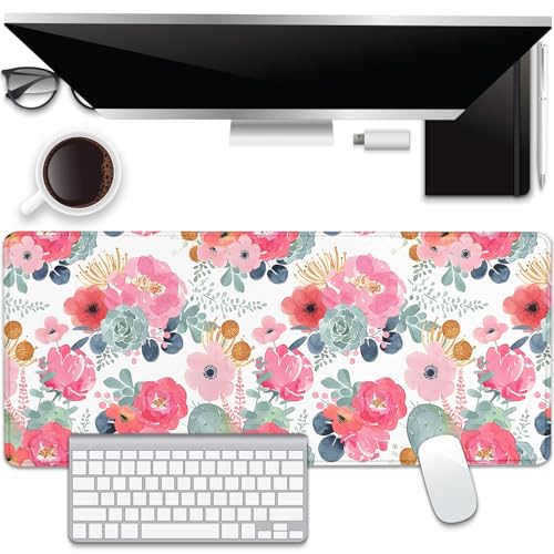 Watercolor Flowers Desk Pad Mouse Pad,Large Floral Mouse Mat with Stitched Edges,Non-Slip Rubber Base Mousepad for Office PC Keyboard Laptop and Home Work Desk Mat(27.5X11.8 in) - color: Watercolor flowers