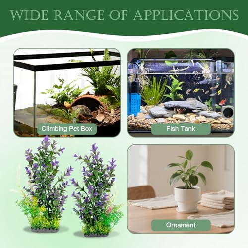 Aquarium Plants 2-Pack, 11.8in Artificial Plastic Fish Tank Decor, Moderate Size Aquarium Decorations, Safe Green Fish Tank Plants for Freshwater Tanks (Purple & Green Mix)