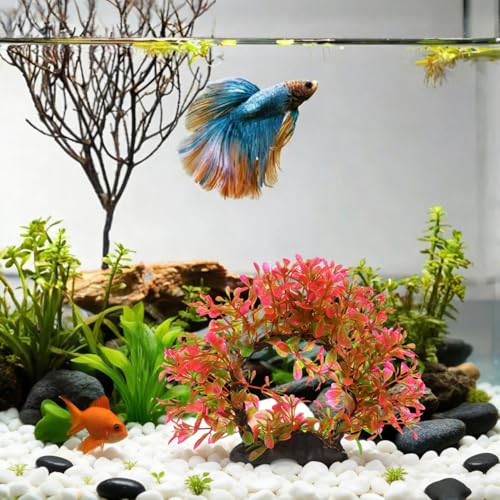 POPETPOP Aquarium Artificial Plastic Plants Decoration, Plastic Pink Betta Fish Tank Decor with Weighted Base, Pink Simulation Aquarium Tree for Bettafish Tank Decorations Hides