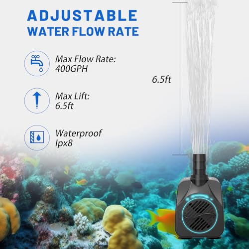 Submersible Water Pump, Ultra Quiet 400GPH(1500L/H,25W) Fountain Pump with Over Heating Protection 6.5ft High Lift, Pond Pump for Fish Tank, Pond, Aquarium, Statuary, Hydroponics