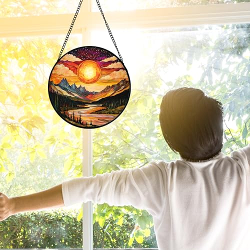 DASTOLL Stained Glass Window Hanging, Dusk Sunset Landscape Sun Catchers Glass Panel Lakes and Mountains Suncatcher Decor for Birthday for Women, Men, Wife, Aunt, and Mom 6.3 in - color: Golden Red, size: 6.3x6.3 IN