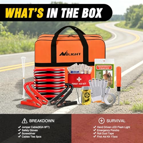 Nilight Car Emergency Kit with Jumper Cable, First Aid Kit Safety Assistance Tools for Travel Camping Outdoor Cars Truck SUV RV, Roadside Essentials with Flash Light - color: Essential Kit+Flash Light