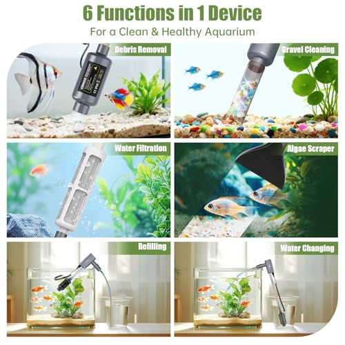 Cordless Aquarium Vacuum Gravel Cleaner: 6-in-1 Electric Fish Tank Cleaner, 36W Rechargeable & 650GPH Strong Suction Automatic Water Changer, Touch Control, Fits 5–150 Gallon Tanks