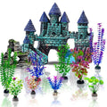 13 Pieces Aquarium Decorations Kit, Fish Tank Decorations Set Small Resin Castle and Rockery Betta Fish Cave Hideout Coral Artificial Plastic Plants Ornament Accessories