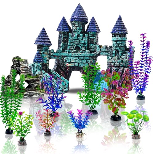 13 Pieces Aquarium Decorations Kit, Fish Tank Decorations Set Small Resin Castle and Rockery Betta Fish Cave Hideout Coral Artificial Plastic Plants Ornament Accessories