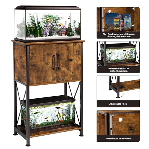 Herture 5-10 Gallon Fish Tank Stand, Metal Double Aquarium Stand with Cabinet for Fish Tank Accessories Storage, Heavy Duty 20.5" L* 11.02" W Tabletop, 500LBS Capacity Rustic Brown and Black PG06YGN - color: Rustic Brown, size: 5-10 Gallon