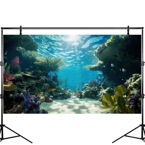 Under The Sea Fish Tank Background Deep Sea Coral Reef Aquarium Background Underwater Rock Cave Sunray Terrarium Backgrounds Tropical Fish Ocean Floor Aquarium Fish Tank Backgrounds Decor 30x12in - color: Green_Blue, size: 24(W)x12(H)inches/ 60(W)*30cm(H)