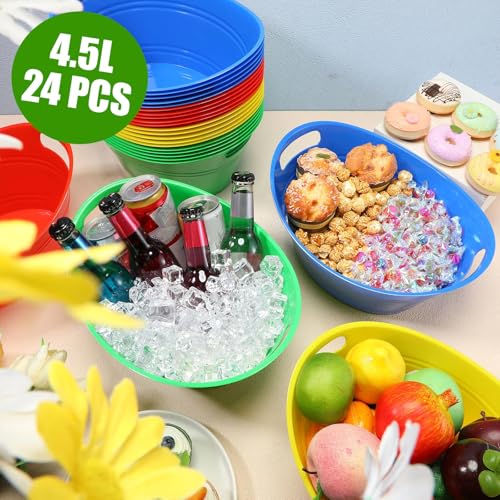 Norme 24 Pcs Oval Storage Tub with Handles, 4.5l Plastic Ice Buckets Bulk for Wine Beer Champagne Drink Cooler Beverage Storage Tub for Parties BBQ Weddings Party Outdoor Celebration(Colorful) - color: Colorful