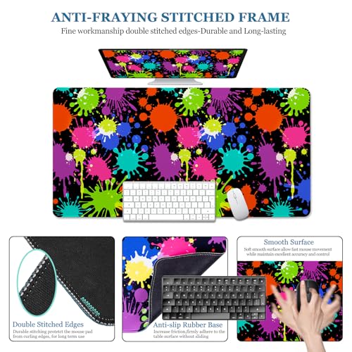 Desk Mat, Desk Matt for Desktop, Neon Paint Splatter XXL Large Gaming Mouse Pad with Non-Slip Rubber Base Stitched Edges Waterproof Keyboard Desk Pad for PC Gaming, Laptop, Computer, Work, Office - color: Pigment Paint Splashes, size: 31.5" x 15.7"