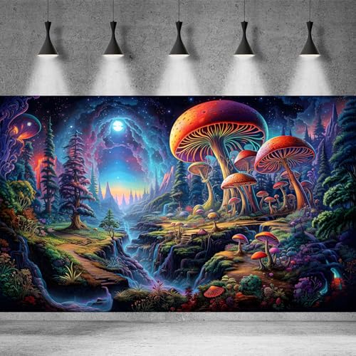 Forest Aquarium Background Fantastic Cartoon Forest Landscape with Mushrooms and Flowers Terrarium Background Fantasy Pine Tree Mysterious Mushroom Theme Fish Tank Backdrop Poster Decor 24x12in - color: Purple Orange, size: 24(W)x12(H)in