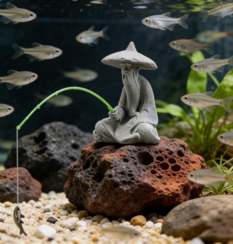 livelyfish Mini Fisherman Statue Asian Zen Decoration Sitting Fishing Figurines Sandstone Vintage Ornament for Aquarium Fish Tank Pot Garden Home Japanese Decor,D - color: Gray