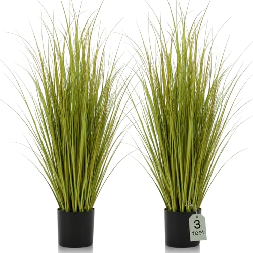 Jexine 2 Pieces Tall Artificial Grass Plant Potted Artificial Greenery Floor Plants Fake Pampas Grass Tall in Pot for Housewarming Gift House Garden Bathroom Lobby Indoor Outdoor (Autumn Green,3 ft) - color: Autumn Green, size: 3 ft