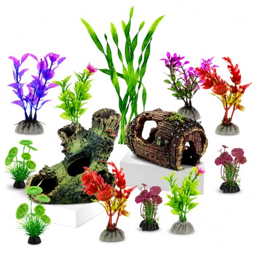 Aquarium Decorations Set, Fish Tank Decor with Artificial Plants and Resin Ornaments, Betta Fish Tank Accessories for Small Tanks, Soft Safe Plastic Plants with Hideout Cave Décor(Ornaments set #2)