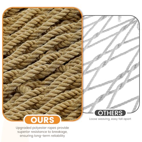 Lazy Daze Hammocks 13-FT Polyester Rope Hammock, Double 2 Person Traditional Hand Woven Outdoor Hammock with Spreader Bar, Carabiners, Tree Straps, Chains for Outside Patio- Max 450 Lbs, Tan - color: Tan
