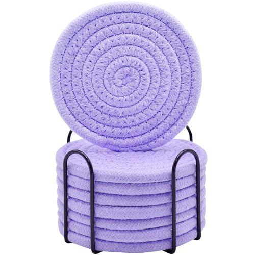 ABenkle 8 Pcs Drink Coasters with Holder, Cotton Woven Absorbent Coasters for Drinks, Minimalist Home Decor Coaster Set for Wooden Tabletop Protection Table, 4.3 inches - color: Purple, size: 8 Pcs