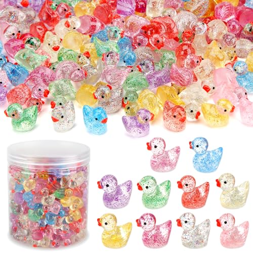 240 Pcs Glitter Mini Resin Ducks, Colorful Tiny Small Plastic Ducks Figures to Hide Little Resin Animals Bulk for Miniature Landscape Aquarium Potted Dollhouse Fairy Garden Accessories Decorations - style: Glitter Ducks