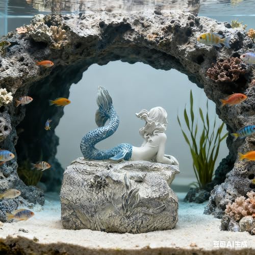Teaeeno Faux Log Fish Cave Mermaid Statue Decor Predator Control and Decorative Shelter for Koi and Fish Ponds Aquariums and Terrariums Mermaid Decoration Sculpture - color: Blue