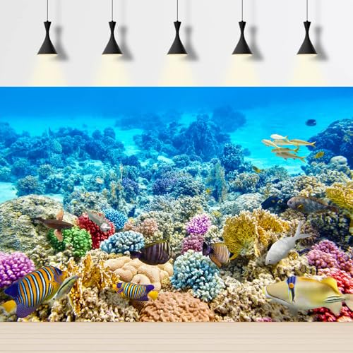 Under The Sea Aquarium Background Underwater Coral Reef Panorama Terrarium Background Various Tropical Fish Breeding Aquariums Fish Tank Backdrop Deep Sea Blue Ocean with Sunbeams Backdrop 24x12in - color: Tropical Brown, size: 24(W)x12(H)in