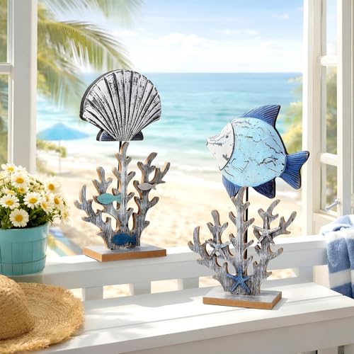 Novabright 2 Pcs Wooden Fish Decor Summer Ocean Centerpieces for Tables Standing Coral Statue with 3D Starfish Seashell for Nautical Shelf Coastal Beach Home Decoration Marine Themed Gift