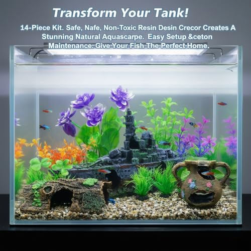 Aquarium Artificial Plastic Plants Decorations and Sunken Ship Set Goldfish 14 PCS Large Fish Tank Accessories Goldfish Betta Tank Decor