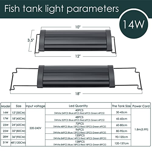 AQQA Aquarium Light,Full Spectrum LED Fish Tank Lights,12"-54" Adjustable Multi-Color White Blue Red Green LEDs with Extendable Brackets,14W-31W for Freshwater Plants (14W (12"-18"))