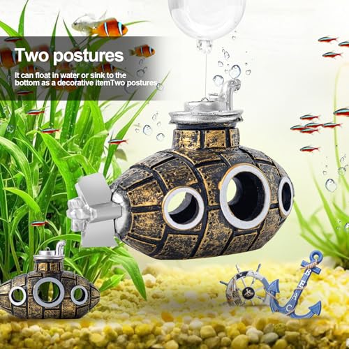 New Upgrade Floating Fish Tank Decoration, Cute Retro Submarine Set and Floating Diver,Three Float Balls, Aquarium Decorations Resinous Betta Fish Tank Accessories - color: Gilding