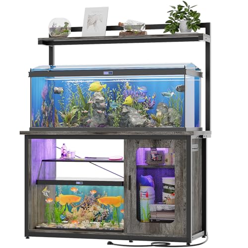 Unikito 55-75 Gallon Fish Tank Stand with Power Outlets & LED Light, Heavy Duty Aquarium Stand with Reversible Cabinet for Tank Accessory Storage, Reptile/Terrarium Stand, Black Oak