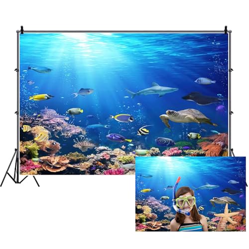 Renaiss 5x3ft Underwater World Backdrop Colorful Tropical Fishs Under The Sea Marine Coral Sunlight Seabed Aquarium Photography Background for Diving Baby Shower Birthday Party Decor Studio Props - color: Blue, size: 5x3ft