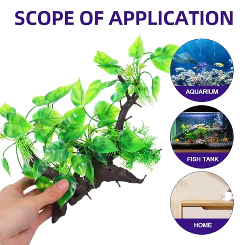 Abaodam 2pcs Artificial Aquarium Plants with Driftwood Ornament, Simulated Resin Water Grass Fish Tank Decorations for Home and Public Aquariums