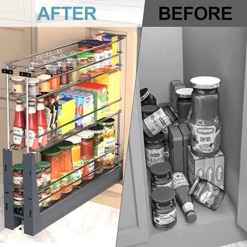 JOWBOOW 6 Inch Pull Out Cabinet Organizer (5.9" W), Fully Assembled Narrow Slide Out Spice Rack with Anti-Wobble Wheels& Door Mount Kit, Heavy Duty 3 Tier Pantry Storage for Base Cabinets - size: 6"W Bottom-Mount