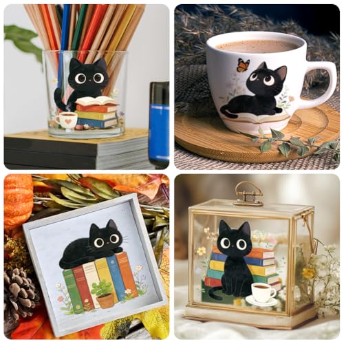 Peacoblue 18 Sheets Rub on Transfers for Crafts, Cat with Books and Flowers 3.6"x3.9" UV DTF Cup Wraps Waterproof Cold Transfers Stickers for Wood Glass Metal Cup Tumblers Mirrors Mugs Home Decor - style: Cat with Books and Flowers