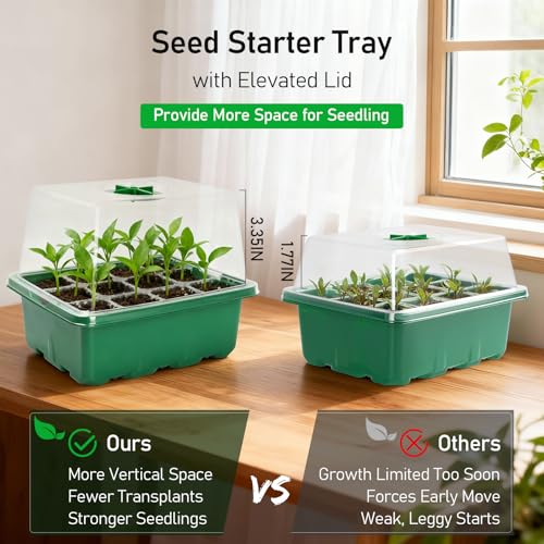 MIXC Seed Starter Tray with Elevated Lid, 120 Cells Seed Starter Kit with Adjustable Humidity Dome, Drainage Hole, Clear Heightened Lids for Indoor Outdoor Greenhouse Gardens, 10 Pack, Green - color: Green, size: 12 Cell-10 Packs Elevated Cover