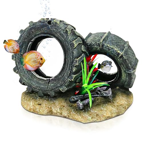 Aquarium Resin Decorations, Tree House Ornament-Tire Scene, Aquarium Decor for Glofish, Betta Accessories, Turtle Hideouts, Aquarium Plants, Ornaments & Fish Tank Accessories (Tire landscape) - color: Tire Landscape