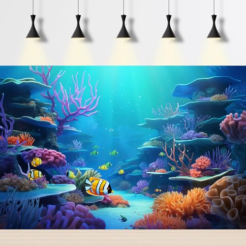Under The Sea Aquarium Background Tropical Oasis Coral Reef Underwater Marine Life Terrarium Backdrop Deep Ocean with Sunbeams Blue Ocean Fish Tank Background Underwater World Backdrop 24x12in - color: Light Blue, size: 24(W)x12(H)in